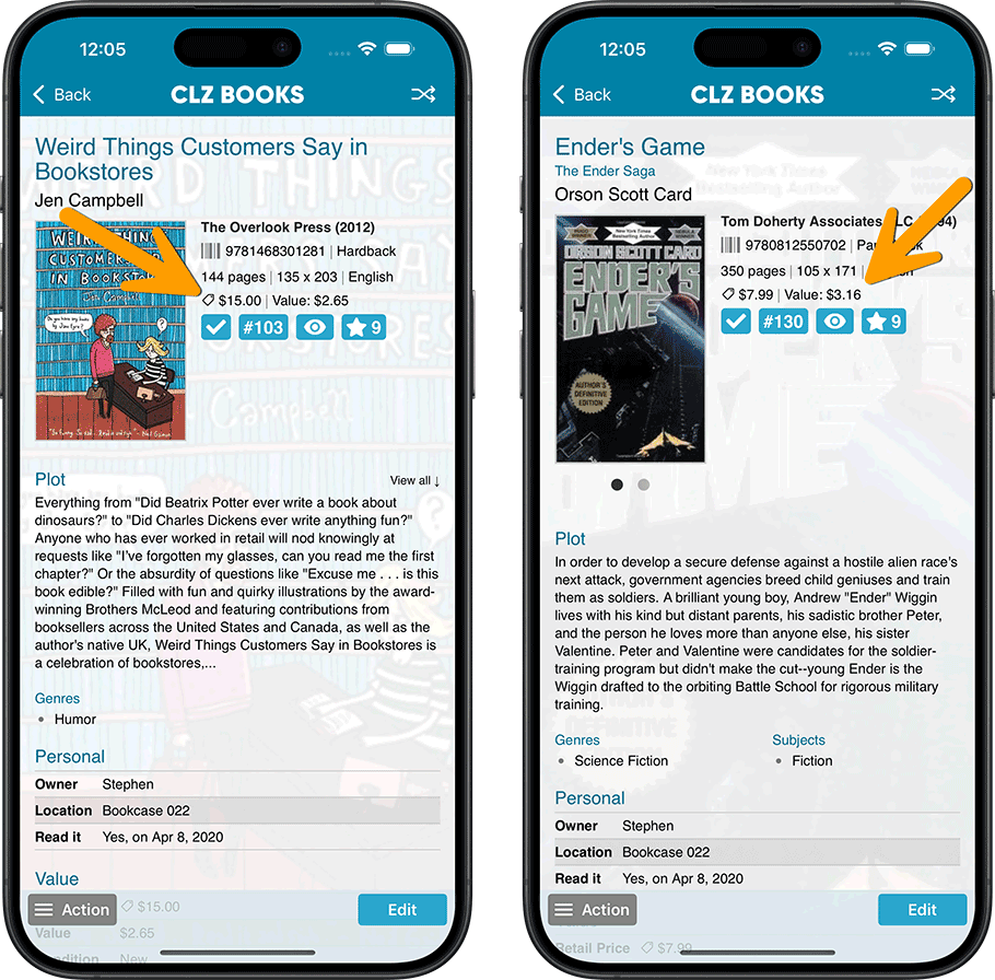View values and statistics - CLZ Books Mobile (iOS) - iOS