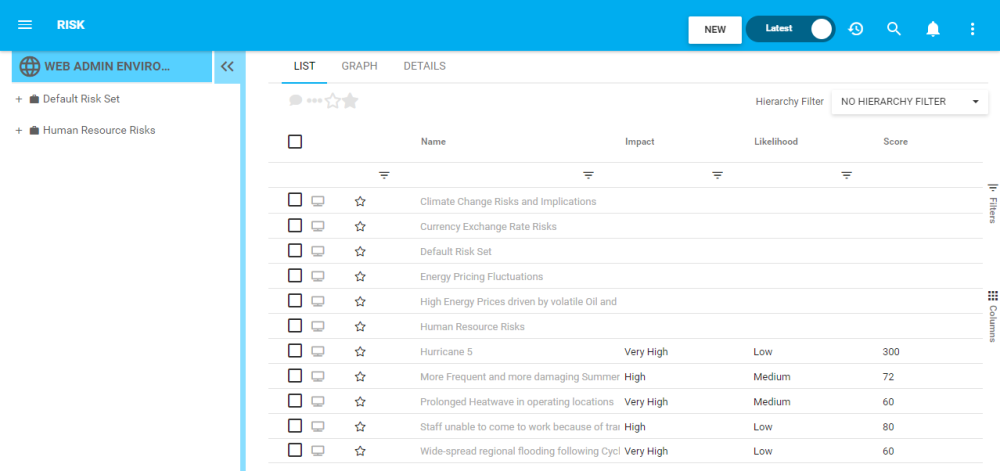 Risk Objects - List View List View of Risk Objects