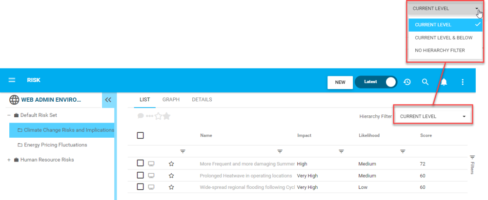 Hierarchy Filter Settings for Risk objects Risk List View - Hierarchy Filter Settings