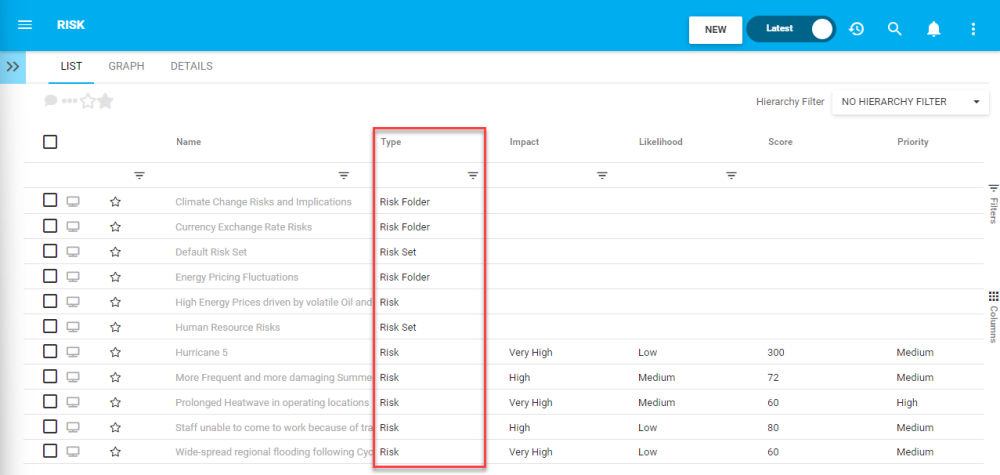 List View - Risk Type Filter