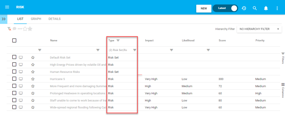 Risk Type Column Filter - With Selection List View - Risk Type Filter - Selected Items