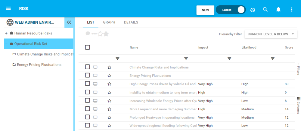 Risk List View after Hierarchy changws Risk List view following Hierarchy Filter Change