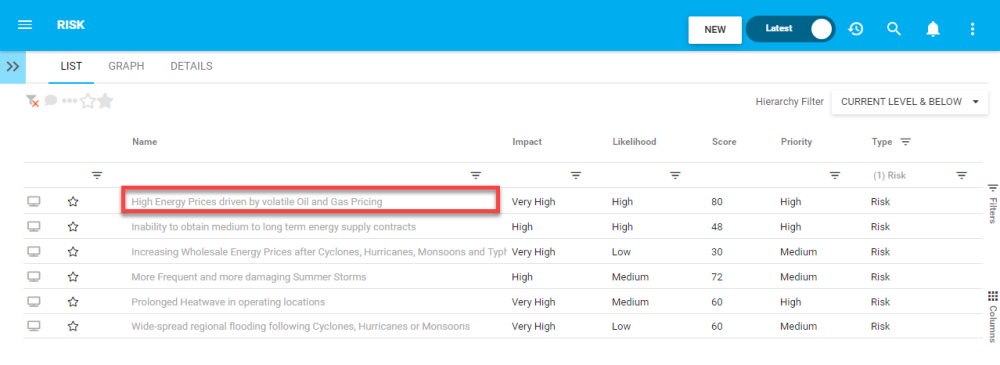 Navigate to Risk details from List view Select Risk from List view