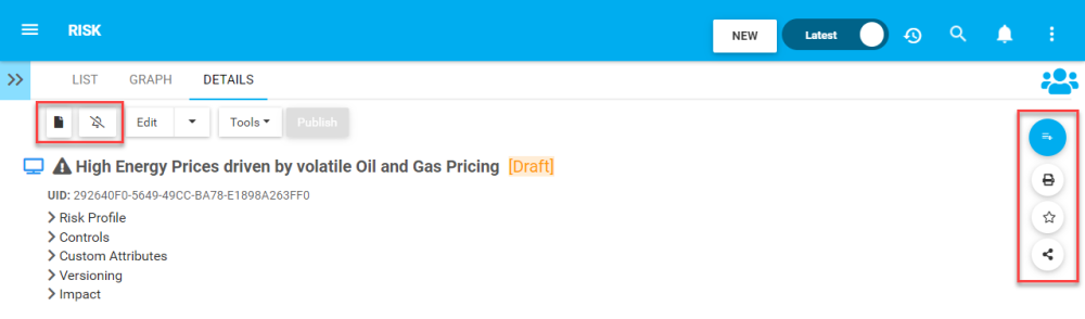 Risk Details with highlighted Toolbars Toolbar highlighted on Risk Details