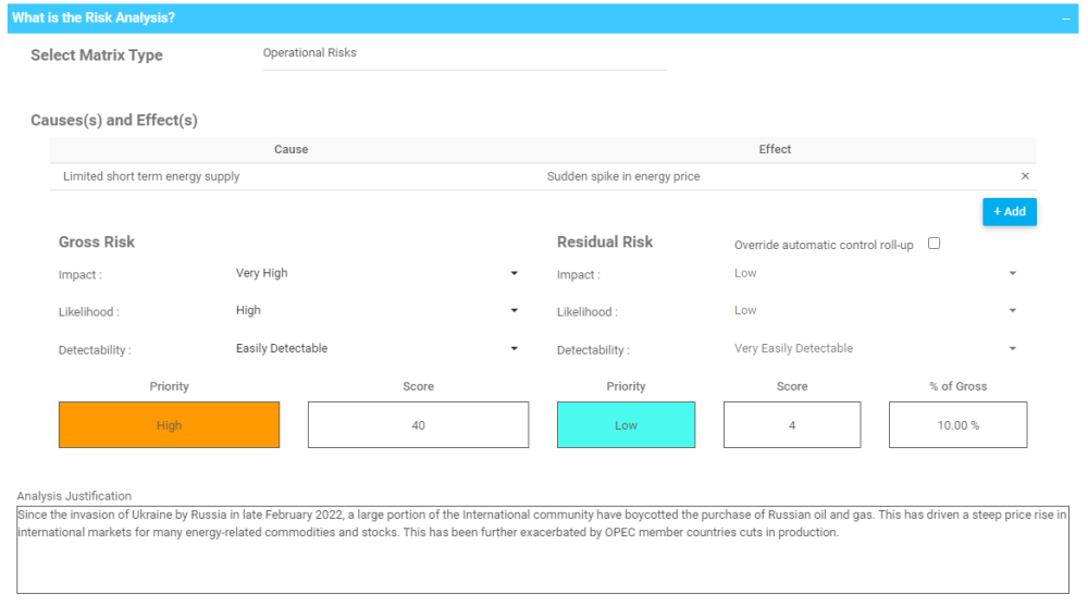 Profile settings of new Risk