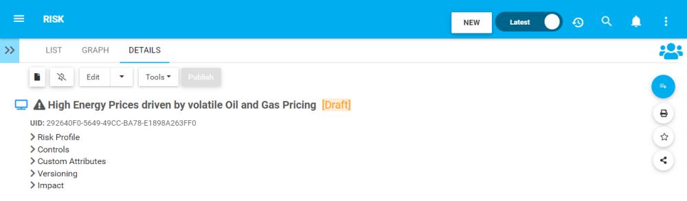 Example Risk Object Details with Toolbar Risk Object with Toolbar