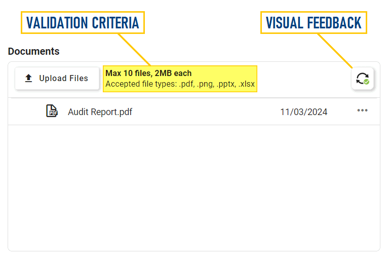 A mini green checkmark icon appears on the Refresh button for successful uploads, while a red exclamation point icon alerts users to validation errors.