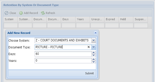 Add New Retention Record
