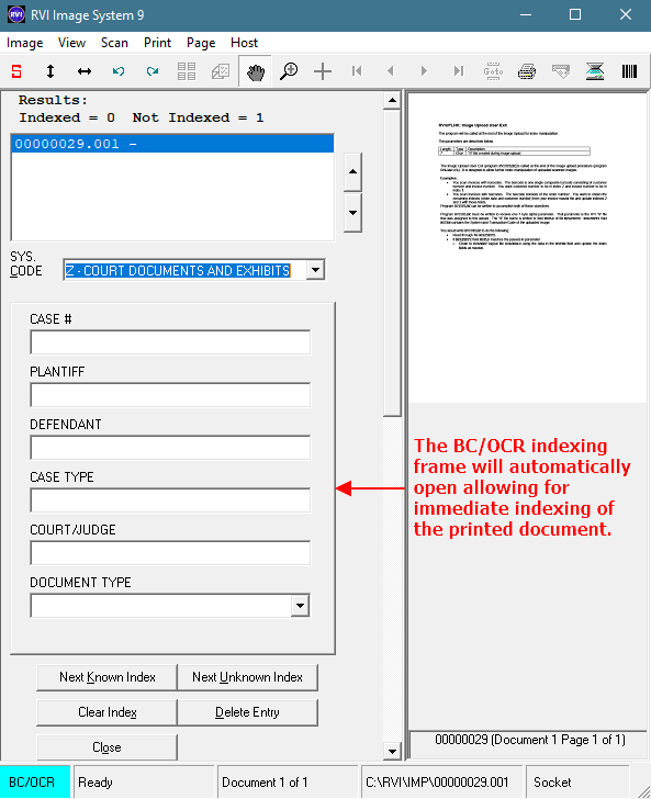 Print To RVI BC/OCR Indexing Frame