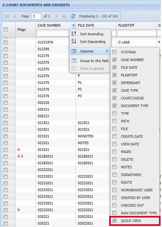 Column Selection - Quick View