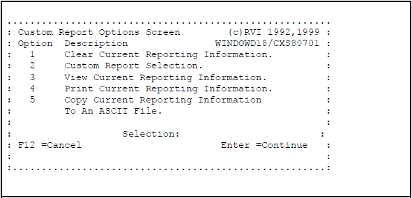 Custom Report Options Screen