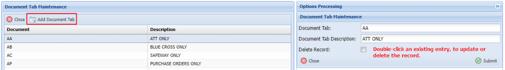Document Tab Maintenance