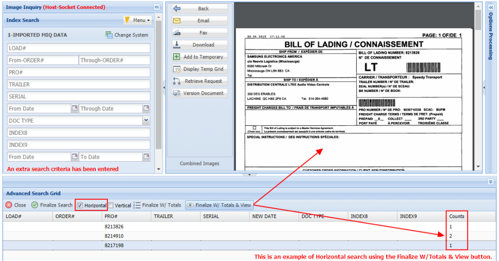 Horizontal Search with Finalize W/Totals & View