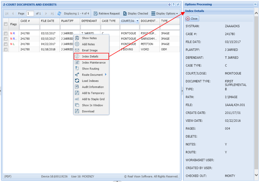 Index Details Right Click