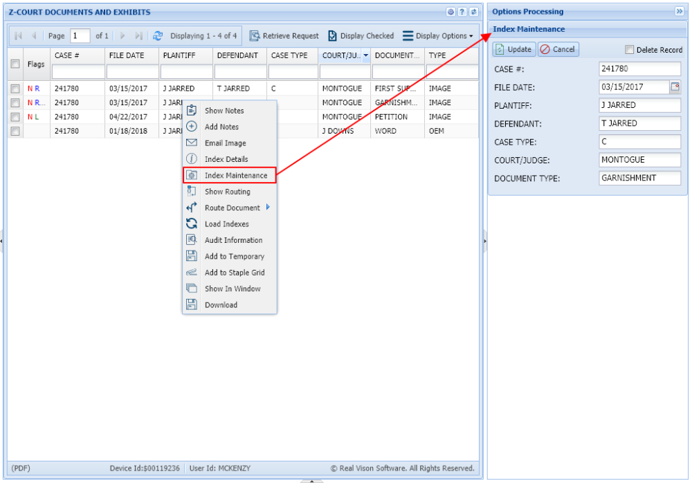 Index Maintenance Right Click
