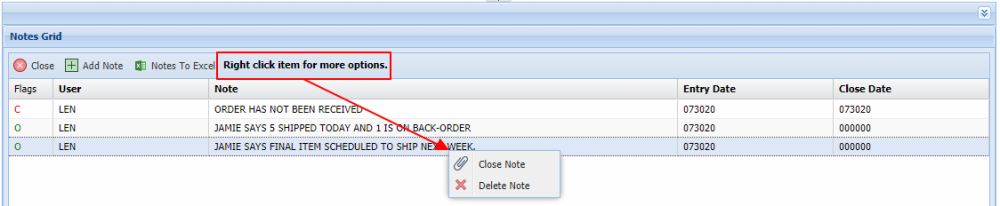 Notes Grid Right-Click Functions