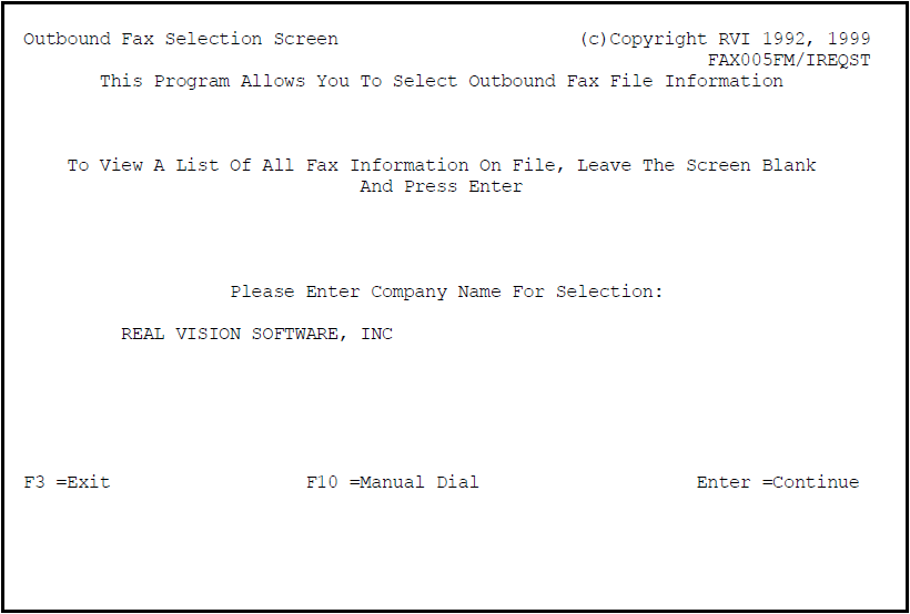 Outbound Fax Selection Screen