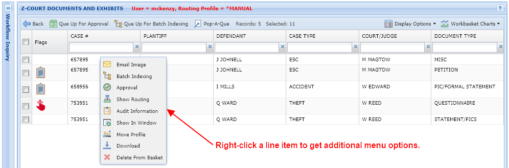 Workflow Inquiry Right-Click Options