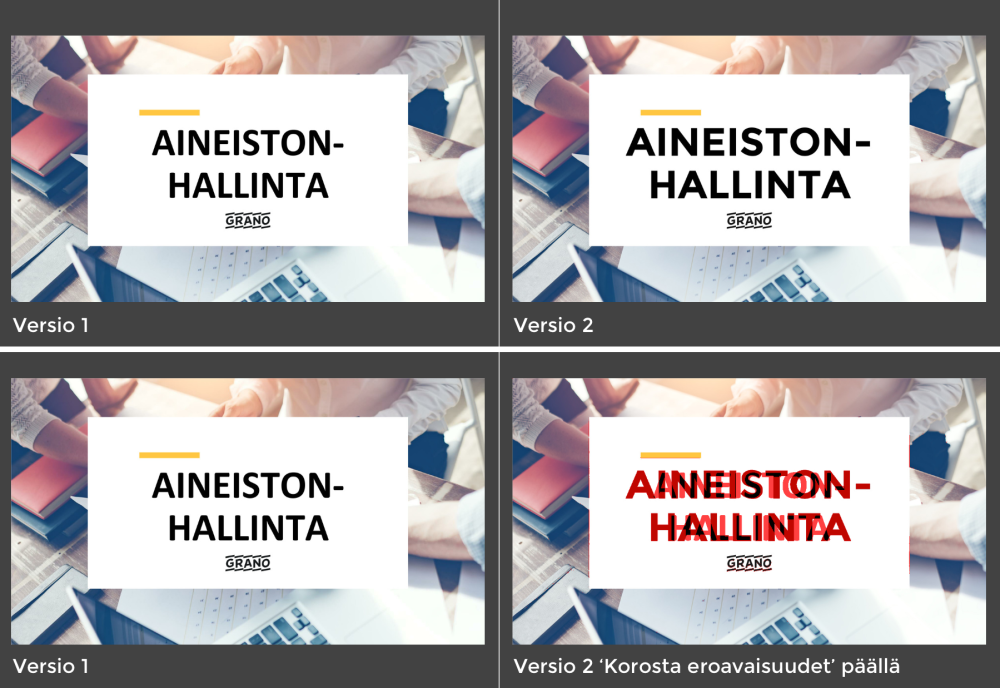 Esimerkki eroavaisuuksien korostamisesta, klikkaa kuva suuremmaksi.