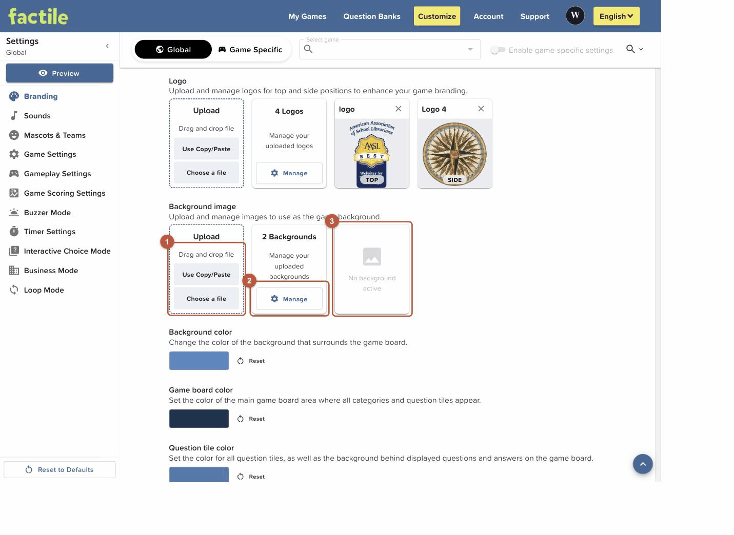 The background image upload and Manage controls The background image upload and Manage controls
