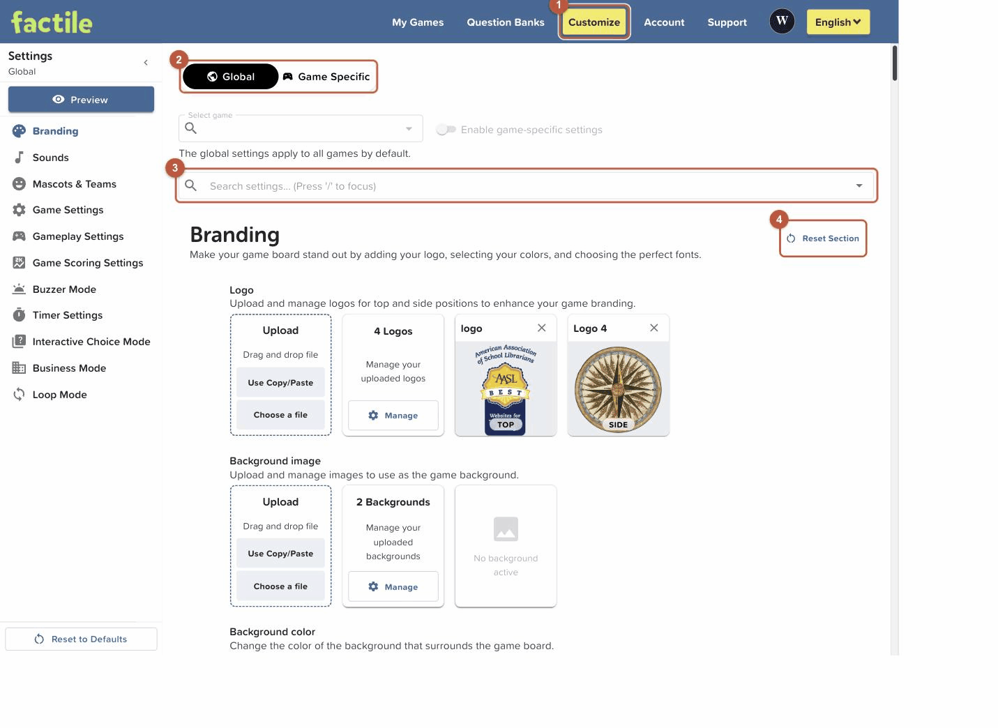 The Branding section of the Settings page The Branding section of the Settings page
