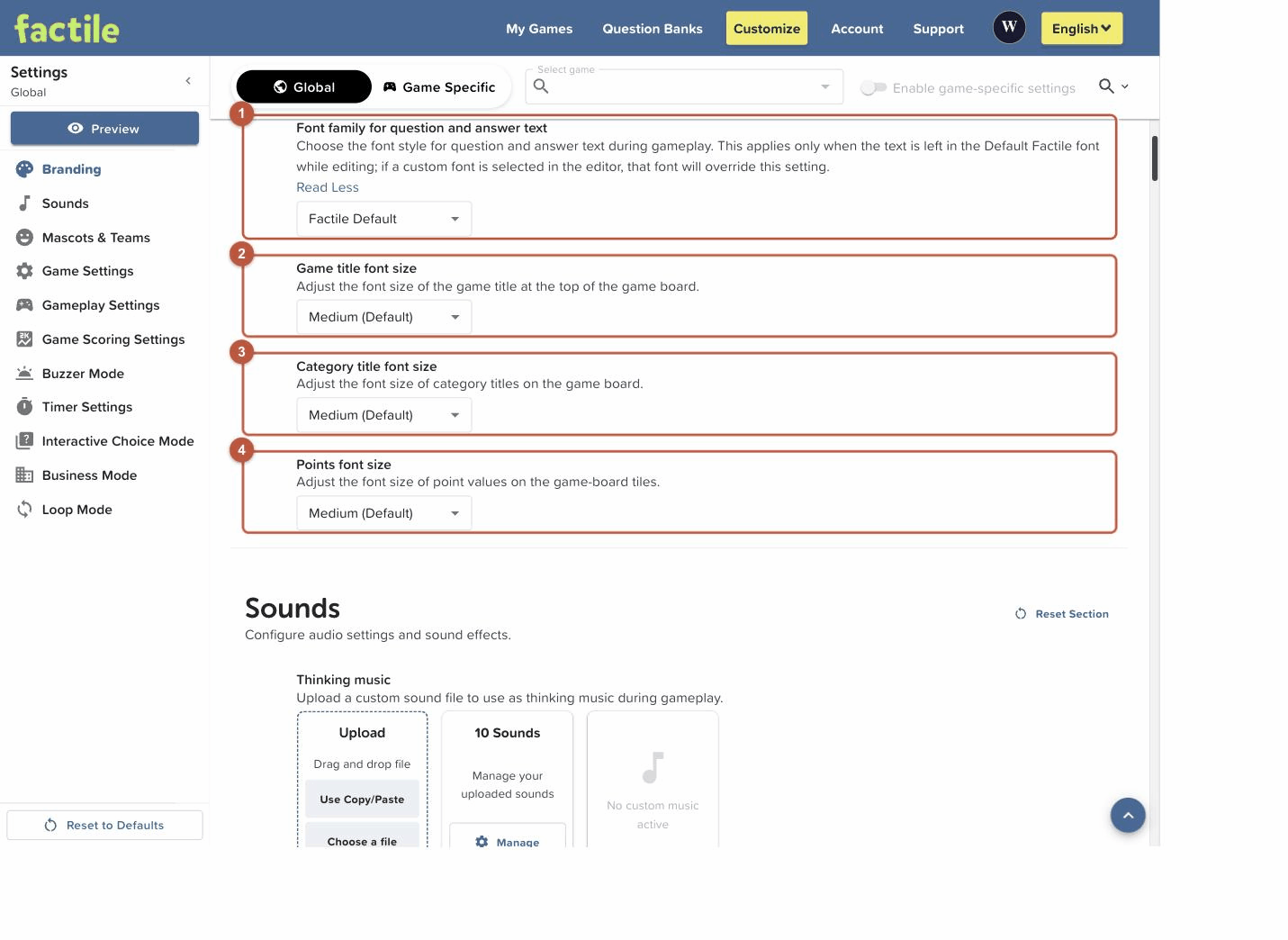 The font size options for titles, text, and points The font size options for titles, text, and points