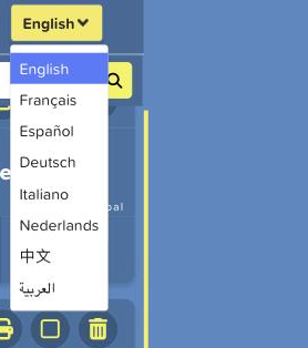 The language picker at the top-right of My Games — choose English, French, Spanish, German, Italian, Dutch, Chinese, or Arabic The language picker at the top-right of My Games — choose English, French, Spanish, German, Italian, Dutch, Chinese, or Arabic