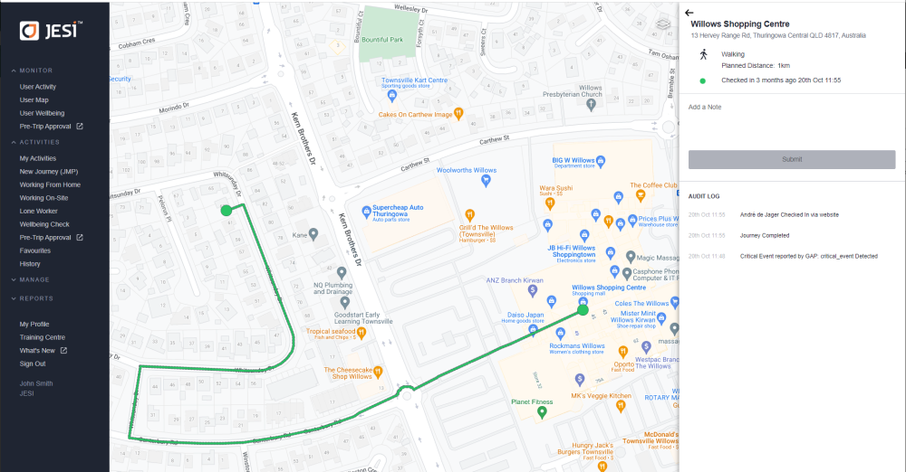 map view with time stamped audit log of escalation