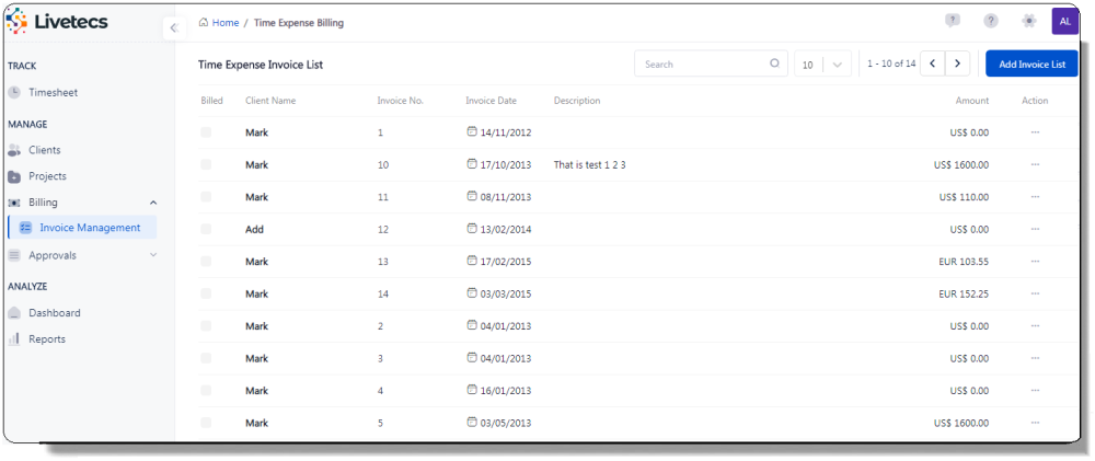 Manage Invoices - TimeLive Help - 1