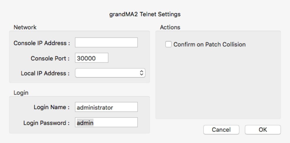 grandMA2 Telnet Settings Dialog