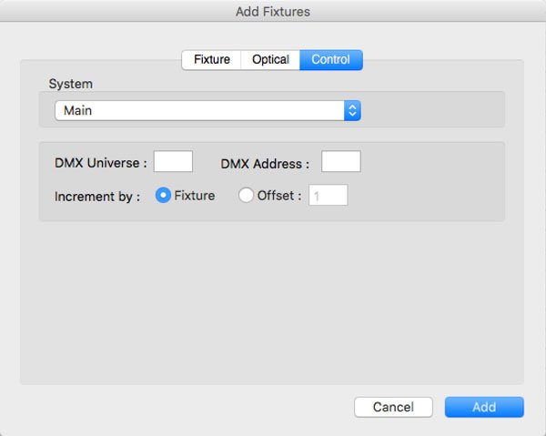 Add Fixtures Dialog - Control Tab
