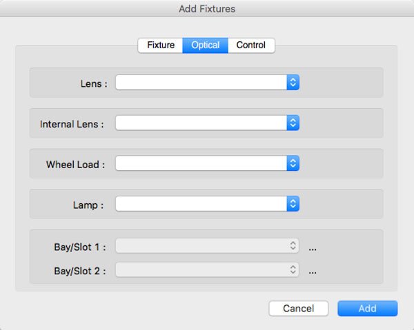 Add Fixtures Dialog - Optical Tab