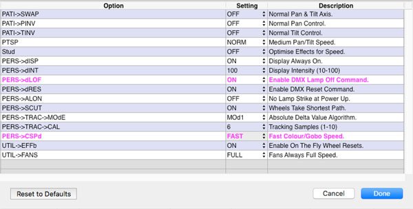 Configure Fixture Options - Menu
