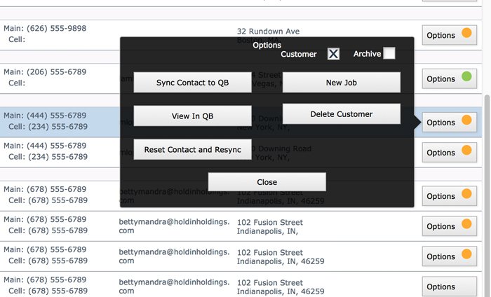 Options popover menu for each customer/contact record options menu