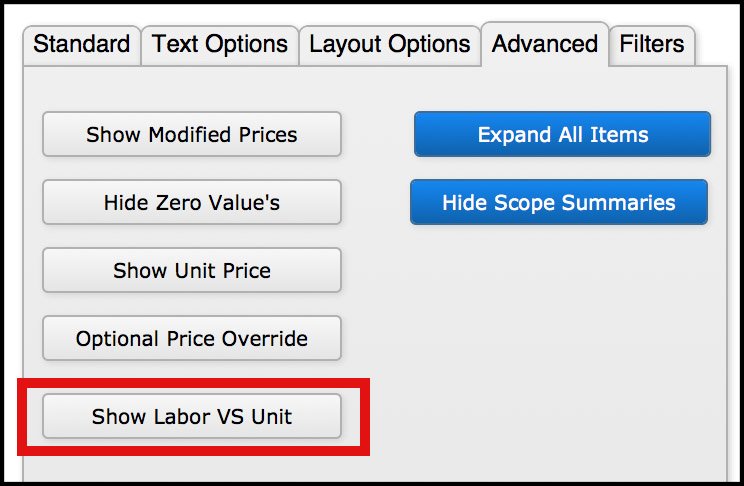 Select Show Labor VS Unit in the Client Proposal Options client options - show labor price