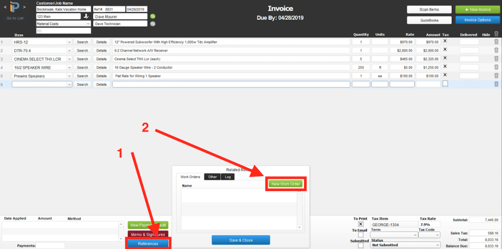 Invoice > Create Work Order Invoice > Create Work Order