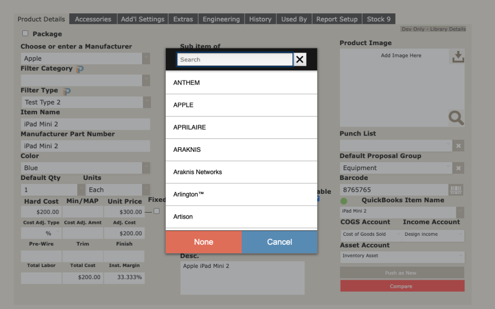 Clicking to set the Manufacturer