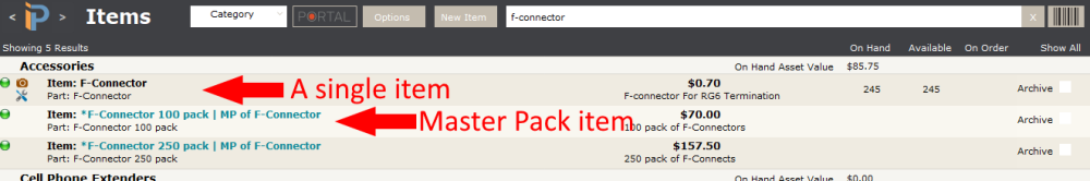 Master Pack item listing Master Pack item listing