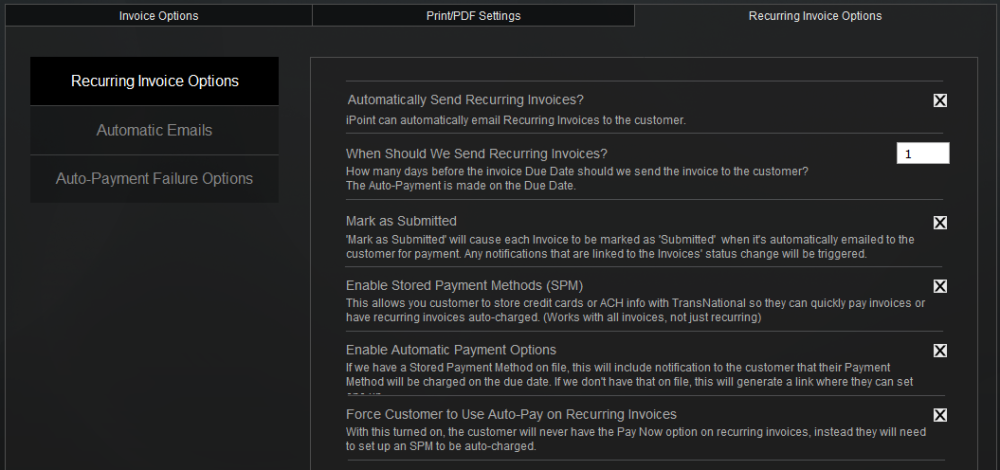Recurring Invoice Options Recurring Invoice Options