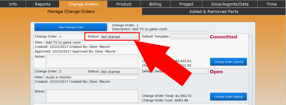 Change Order Status Example