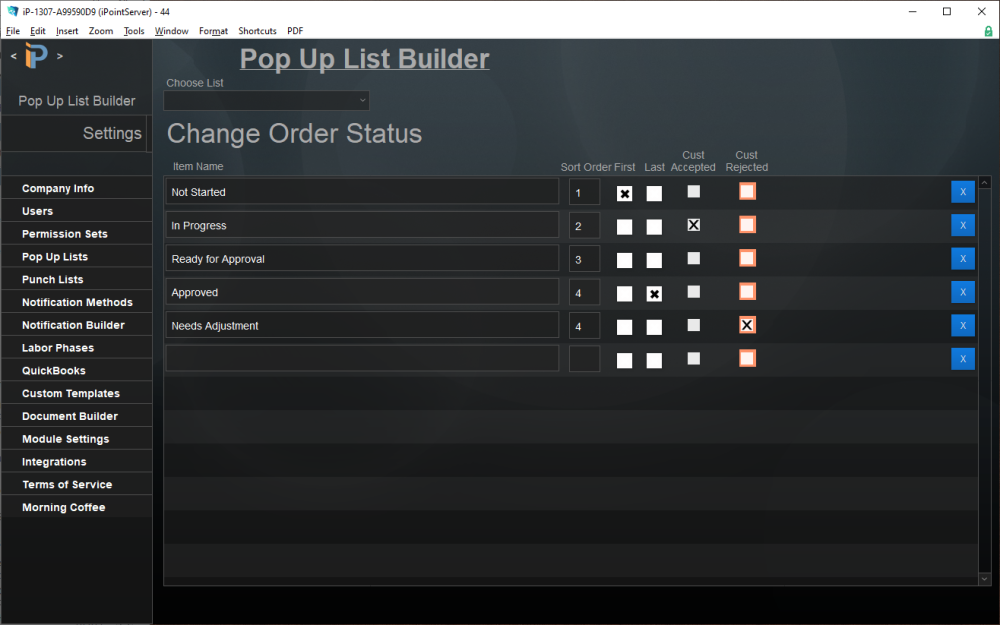 Pop Up List: Change Order Status