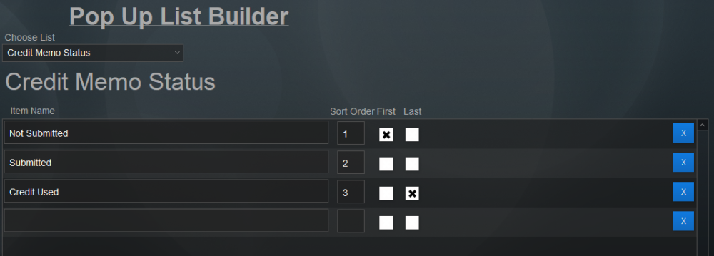 Pop Up List: Credit Memo Status Pop Up List: Credit Memo Status Example