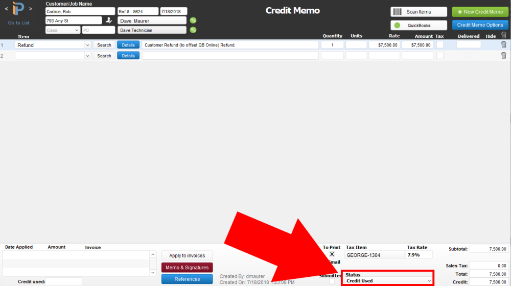 Pop Up List: Credit Memo Status Example Pop Up List: Credit Memo Status Example
