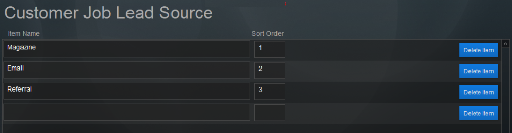 Pop Up List: Customer Job Lead Source Pop Up List: Customer Job Lead Source