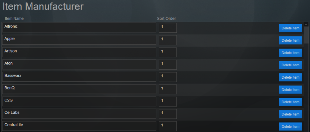 Pop Up List: Item Manufacturer Pop Up List: Item Manufacturer