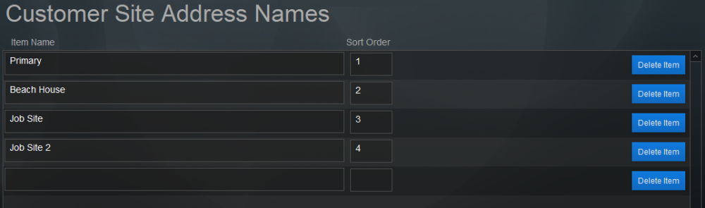 Pop Up List: Customer Site Address Names Pop Up List: Customer Site Address Names