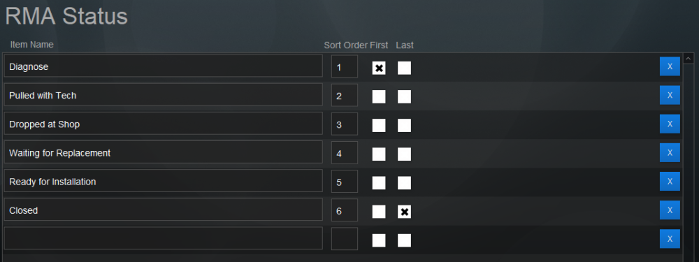 Pop Up List: RMA Status