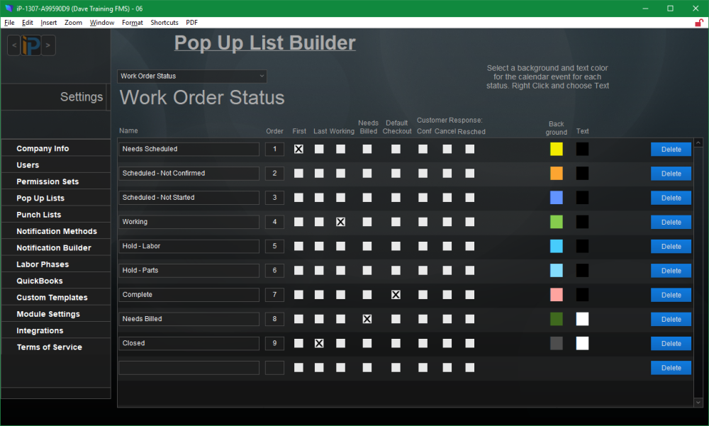 Work Order Status Pop Up List Work Order Status Pop Up List