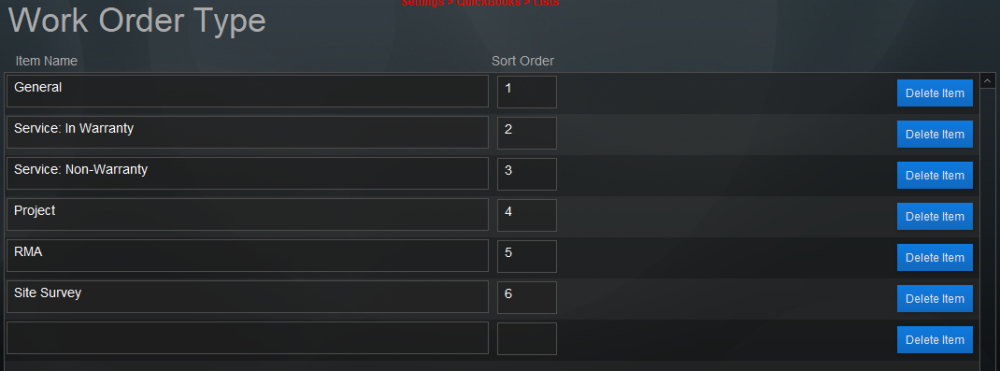 Pop Up Lists: Work Order Type