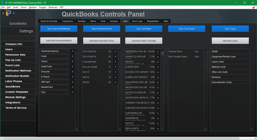 QuickBooks Lists (tab) - iPoint Control - 1